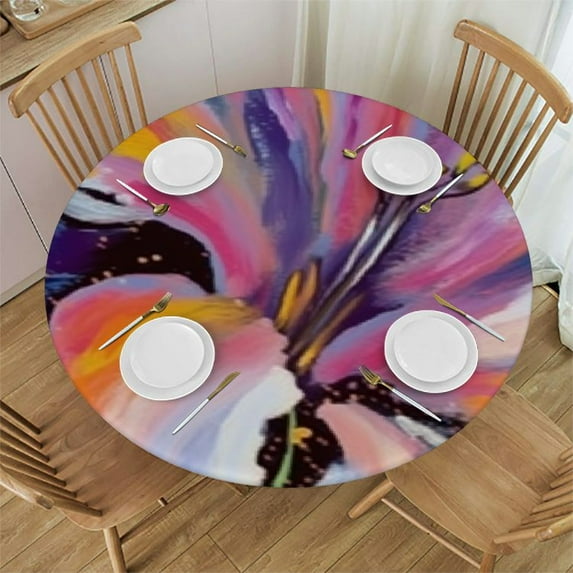 HAOXIT Watercolor Lily Round Tablecloth,pink flower beautiful floral Oblong Table Cloth Washable Polyester Table Cover for Picnic,Kitchen,Holiday Party 54-58