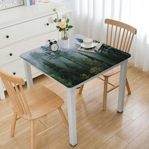 HAOXIT Waterproof Square Fitted Table Cover, Autumn Carpathian Mountains Forest Misty Landscape Elastic Edged Tablecloth, Wipeable Square Table Cover for Kitchen, Parties, Buffet Table 48''x48''