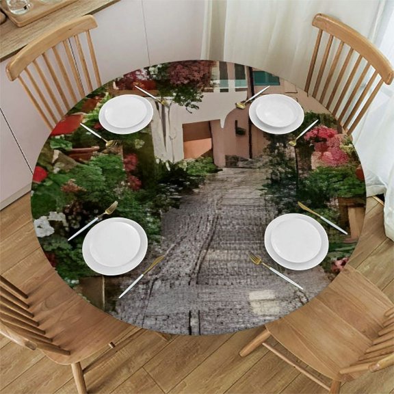 HAOXIT Waterproof Table Cloth Tuscan Elastic Edged Fitted Table Cover Orange Red Brown Round Tables Cloths in for Wedding Parties for Party, Banquet, Wedding 42-46