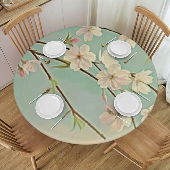 HAOXIT Weeping Flower Round Fitted Tablecloth, Freshly Blooming Cherry Blossom Branches with , for Kitchen Dining, Party, Holiday, Christmas, Buffet, Fits Round Table, Mint Pink 31-35