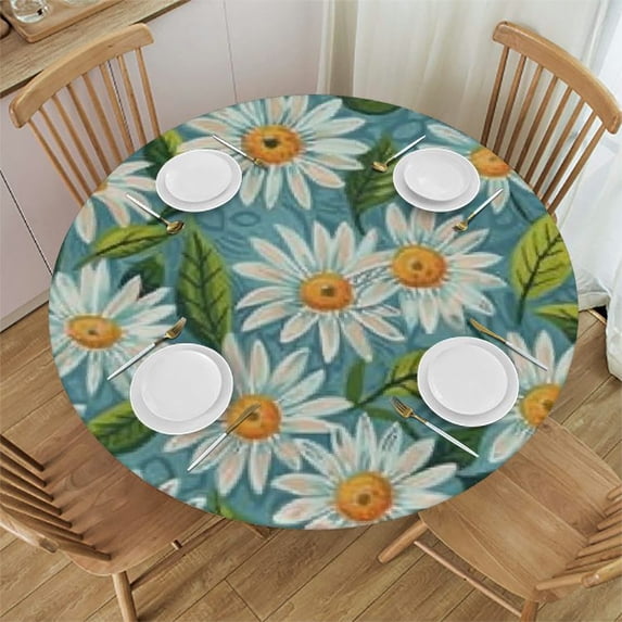 HAOXIT White Daisy Round Tablecloth, Teal Circle Table Cover Stain Resistance Water Repellent Wrinkle-Free Table Cloth for Home Kitchen Dining Party Indoor Outdoor 38-42