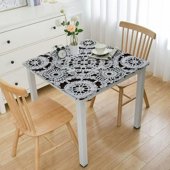 HAOXIT White Vinyl Tablecloth, Waterproof Tablecloth with Pompom Tassel, Square Heavy Duty Wipeable Table Cloth, Stain-Resistant Table Protector for Kitchen and Dining Room 46*46
