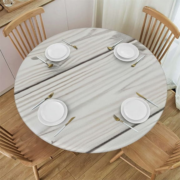 HAOXIT White Wood Grain Fitted Tablecloth Round, Elastic Edge Home Decorative Table Cover Waterproof Stain Resistant Polyester Tablecloths for Party Use, Fits Round Table 31-35