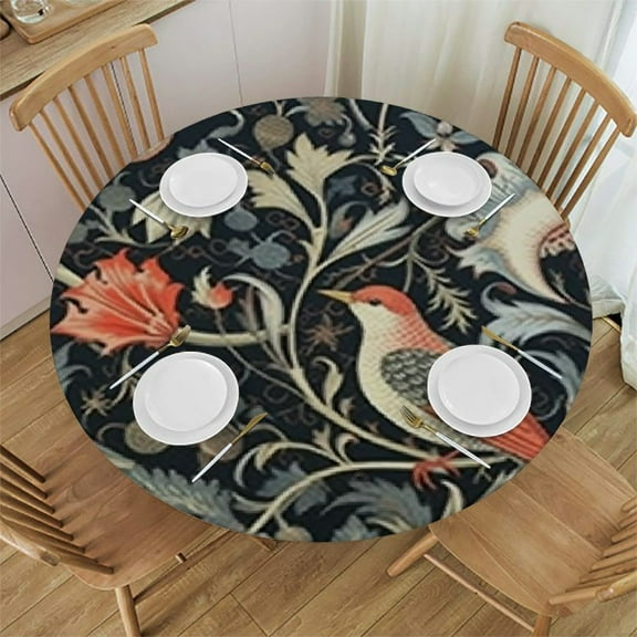 HAOXIT William Morris Flowers Birds On Dark Round Dinner Tablecloth,Washable Spill Proof Table Cloth, Table Cover for Kitchen Dining Room Party,Desk Clothes for Indoor &amp; Outdoor 31-35