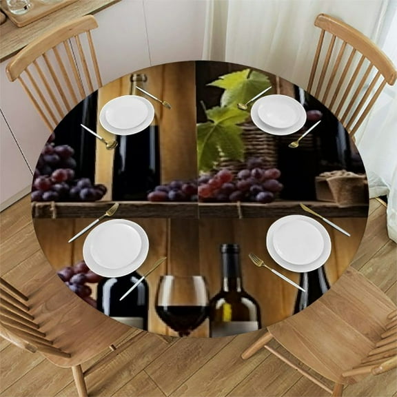 HAOXIT Wine Tablecloth, Wine Themed Collage on Wooden Backdrop with Grapes and Rustic Country Drink, Round Table Cover for Dining Room Kitchen Decor