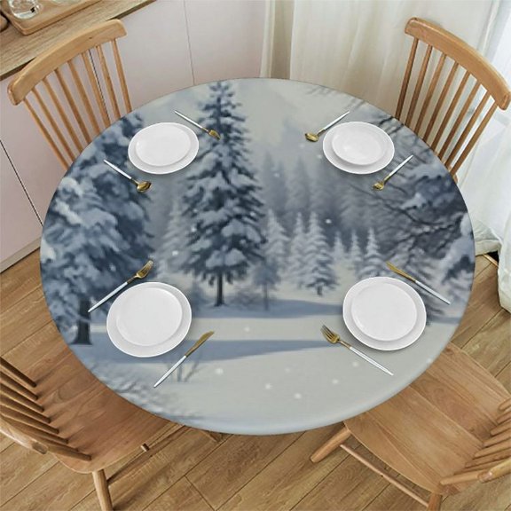HAOXIT Winter Tablecloth, Winter Scene in a Park with Trees Foggy Misty Blurry Freezing Weather Image, Dining Room Kitchen Round Table Cover