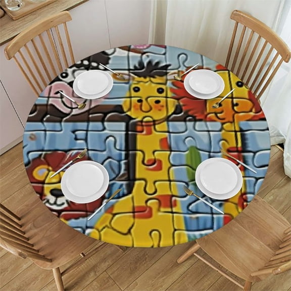 HAOXIT Word Puzzle Tablecloth, Zoo Themed Game with Different Animals Numbers and Words Print, Round Table Cover for Dining Room Kitchen Decor