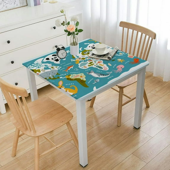 HAOXIT World Animal Map Rectangle Tablecloth Heavy Duty Vinyl Table Cloth Fabric Table Cover for Kitchen Dining Room Party Home Decor White