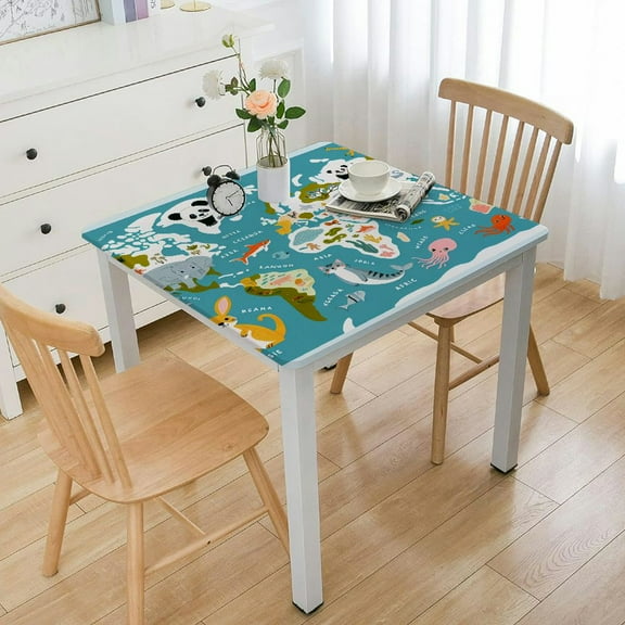 HAOXIT World Animal Map Rectangle Tablecloth Heavy Duty Vinyl Table Cloth Fabric Table Cover for Kitchen Dining Room Party Home Decor White