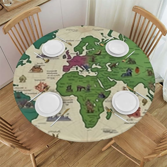 HAOXIT World Map Tablecloth, Retro Map of The World with Trees and Mountains Boho Artprint, Round Table Cover for Dining Room Kitchen Decor
