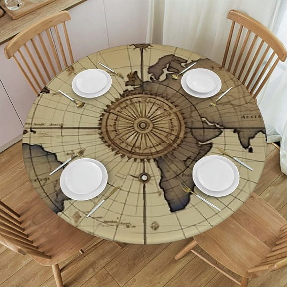 HAOXIT World Map Tablecloth Retro Nautical World Map Theme Sea Adventure Round Table Cloth Washable Table Cover for Kitchen Dining Tabletop Decoration Round Tables 31-35