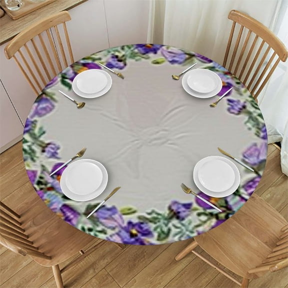 HAOXIT Wreath Tablecloth, Farmhouse Decor, Purple Flowers Round Tablecloths Circular Washable Polyester Table Cloths Cover for Kitchen Party Wedding Picnic Dining Decor 46-50