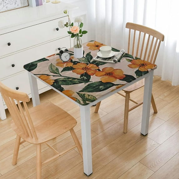 HAOXIT Yellow Floral Linen Tablecloth,French Vintage with Orange Flowers Pattern Table Cloth for Square Tables,Decoration Table Cover for Kitchen Dining Banquet Thanksgiving New Year 52*52