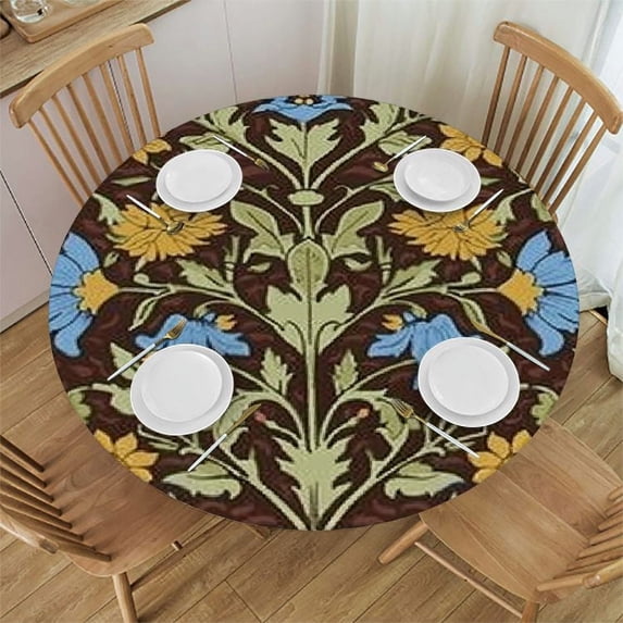 HAOXIT Yellow Floral Round Tablecloth, William Morris Original Design Green Rustic Natural Flower Plants Print Table Cover for Kitchen Dinning Room Party Picnic Decor
