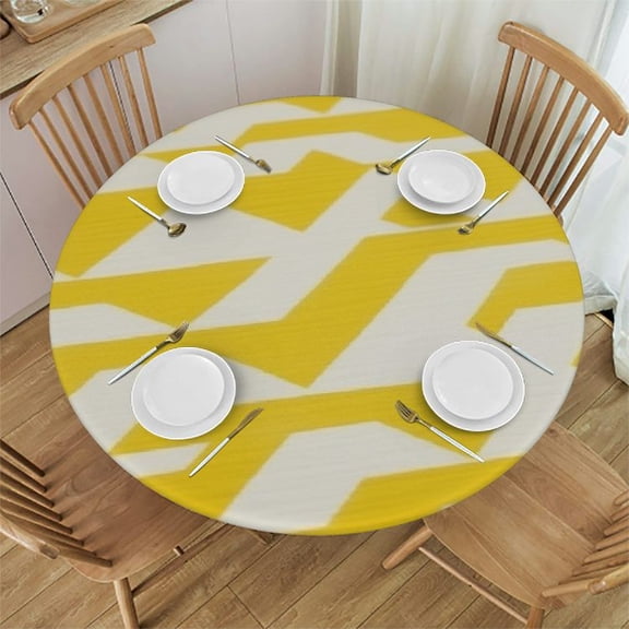 HAOXIT  Yellow and White Round Tablecloth, Acrylic Triangles and Design of V-Shape Horizontal Zigzag Lines, Circle Table Cloth Cover for Dining Room Kitchen Decoration, Yellow Ivory 46-50