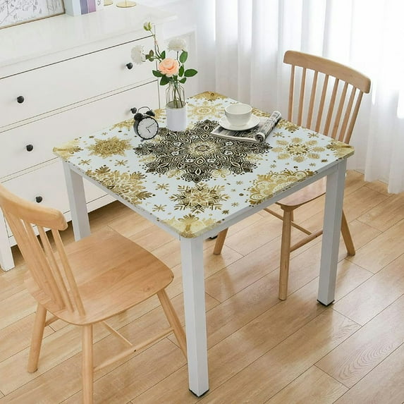 HAOXIT square Christmas Tablecloth Gold Print Winter Holiday Decoration White Decorative Washable Polyester Table Cloth for Party Dinner Home Kitchen Decor 60''x60''