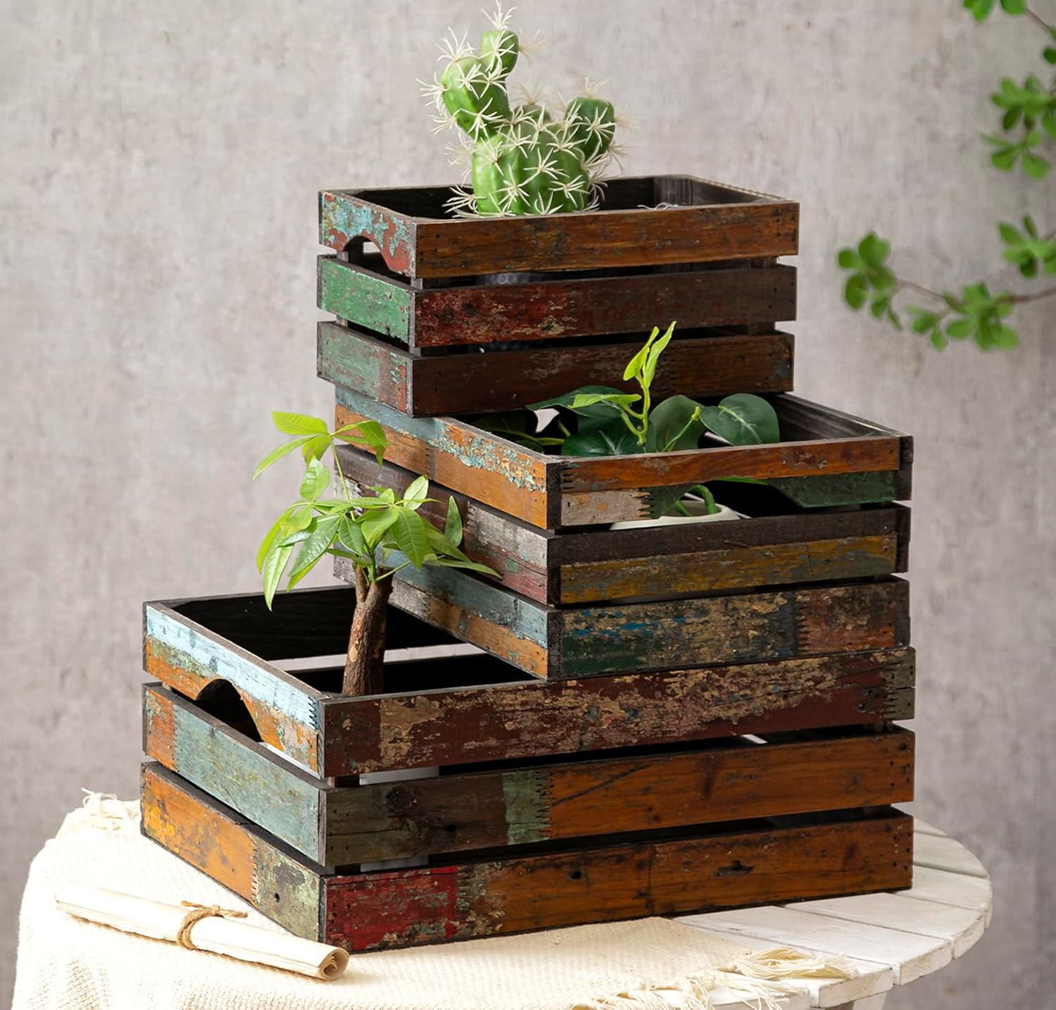 Nesting Crate Rack HAOYAN Set of 3 Rustic Distressed Wood Nesting Crates, Farmhouse ...