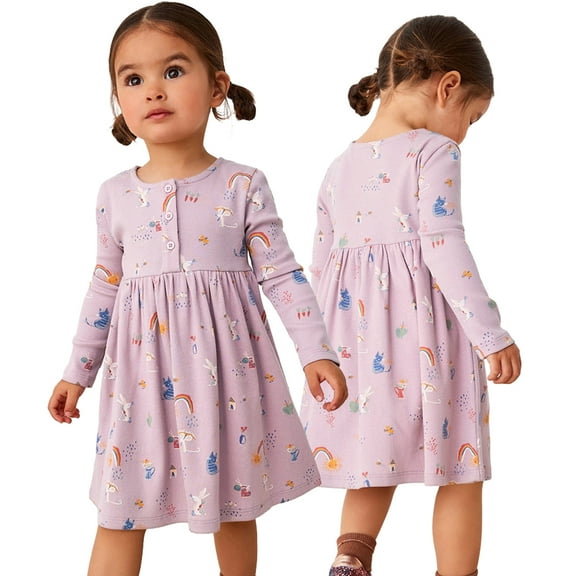 HAOYNU Baby Kids Girls Long Sleeve Dresses Toddler Spring Fall Dress Cartoon Print Dress Princess Dress Floral Dress for 2-7Years