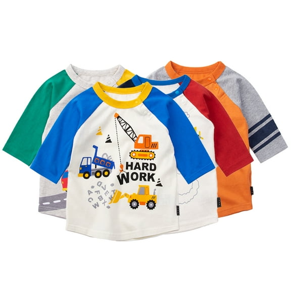 HAOYNU Kids Toddler Boys Spring Fall Tees Sweatsuit Baby T Shirts Crewneck Pullover Medium Long Sleeves Cotton Car Cartoon Print Top T Shirts for 2-8Y