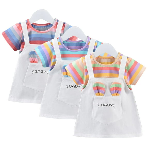 HAOYNU Toddler Kids Girls Short Sleeve Dresses Suspender Skirt Baby Spring Fall Stripe Dresses Mid length Comfortable Cute Dress Dresses Princess Dress,Sizes 1-5Y