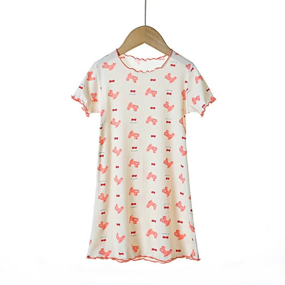HAOYUNL 3-12T Kids Girls Princess Nightgowns Toddler Short Sleeve Cotton Sleepwear Dress Crewneck Loose Homewear Pajamas