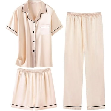 HAOYUNL Girls 3 Pieces Pajamas Pjs Sets for Kids Teen Silk Satin Sleepwear Button Down Short Sleeve Sleep Outfits for 5-14 Years Old