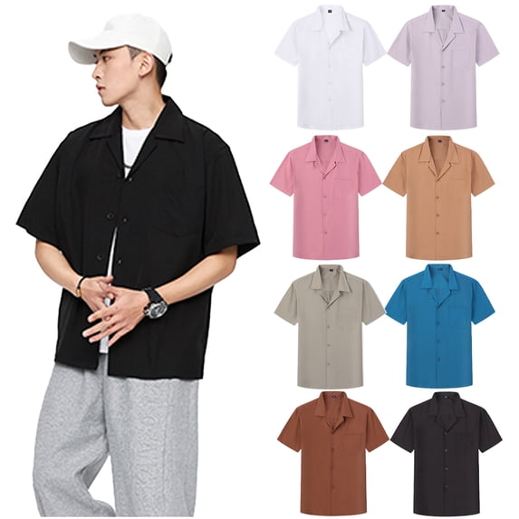 HAOYUNL Men's Button Down Shirts Male Short Sleeve Casual Summer Hawaiian Beach Solid Color Shirt M-3XL