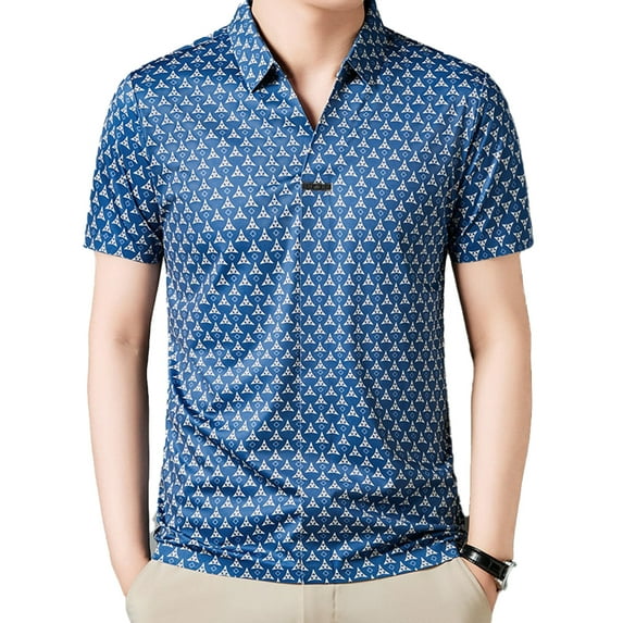 HAOYUNL Men's Printed Shirts V Neck Short Sleeve Printed T-Shirts Light Business Casual Fashion Elastic T Shirt M-4XL
