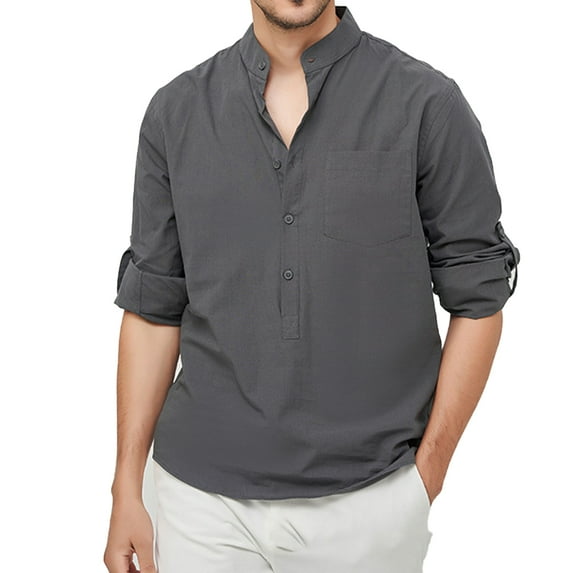 HAOYUNL Men's Pullover Shirts Male Cotton Casual Long Sleeve Shirt Solid Button Down Stand-Up Collar Loose Summer Shirts with Pocket S-3XL