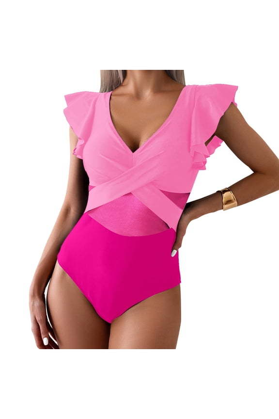 One Piece Bikinis for Women Bikini V-Neck Ruffled Sports Quick Drying One Piece Swimsuit Bathing Suit S-XXL