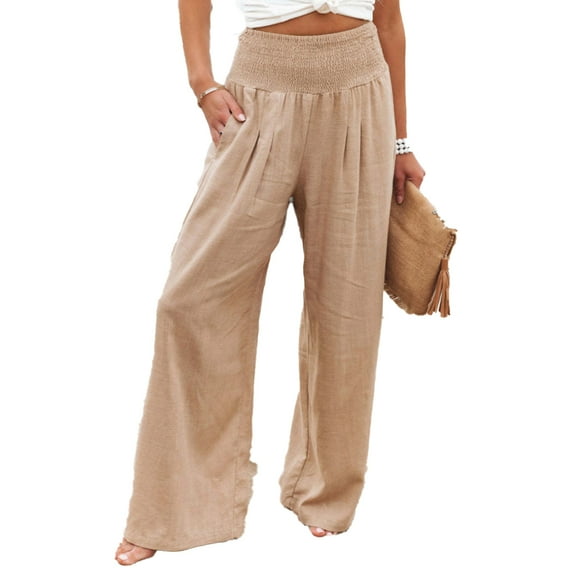 HAOYUNL Women Summer Linen Pants Women High Waisted Cotton Linen Pants Wide Leg Long Lounge Pant Trousers with Pocket S-3XL