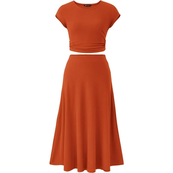 HAOYUNL Women's 2Pcs Outfits Short Sleeve Knit Top +High-Waisted Maxi Skirt Two-Piece Set S-XL
