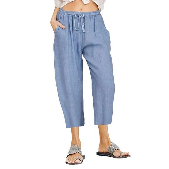 HAOYUNL Women's Linen Pants Fashion Casual Elastic High Waisted Wide Leg Loose Work Long Pants Trousers with Pockets S-3XL