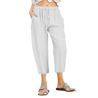 HAOYUNL Women's Linen Pants Fashion Casual Elastic High Waisted Wide Leg Loose Work Long Pants Trousers with Pockets S-3XL