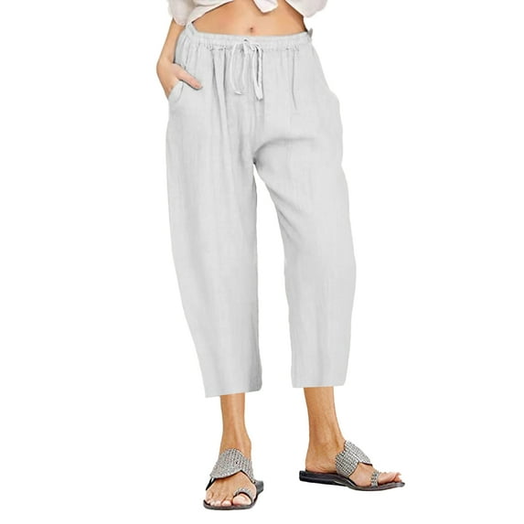 HAOYUNL Women's Linen Pants Fashion Casual Elastic High Waisted Wide Leg Loose Work Long Pants Trousers with Pockets S-3XL