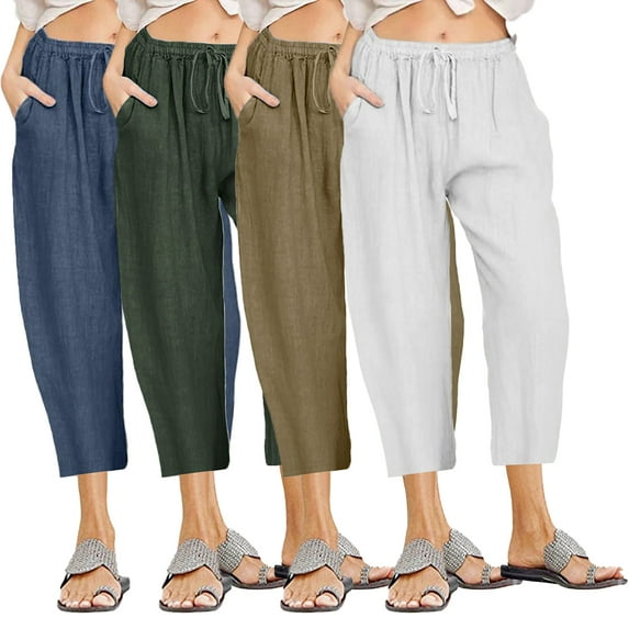 HAOYUNL Women's Linen Pants Fashion Casual Elastic High Waisted Wide Leg Loose Work Long Pants Trousers with Pockets S-3XL