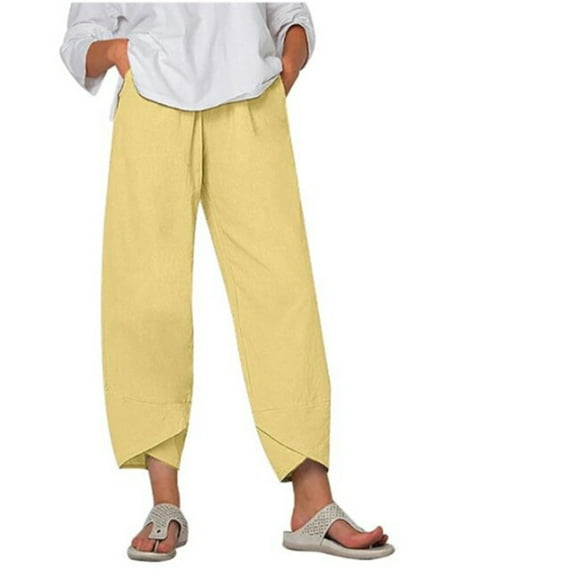 HAOYUNL Womens Cotton Linen Palazzo Pants Elastic Waist Casual Wide Leg Trousers with Pockets S-5XL