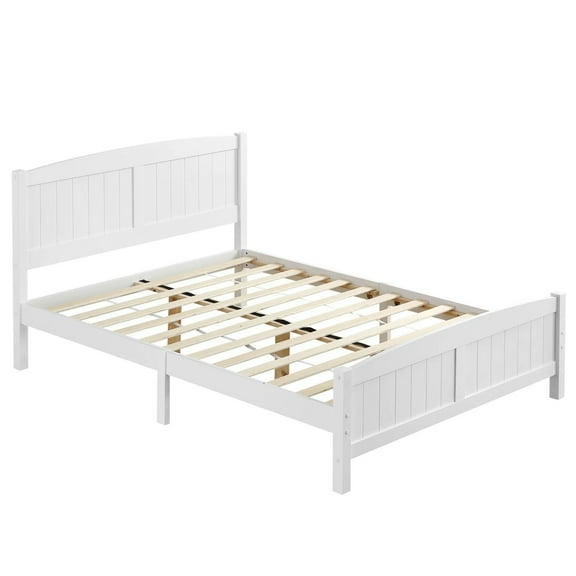 HAOYYE Pine Vertical Stripe Wooden Bed with Curved Headboard & Footboard  White, Durable Full-Size Bed Frame with a Modern, Space-Saving Design for Your Bedroom