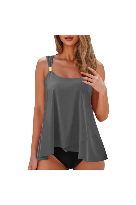 2 Piece Bathing Suits for Women 2026 Ruffle Tank Tops with Bottom Tankini Swimsuits Flowy Summer Beach Swimwear with Chest Pad Gray S