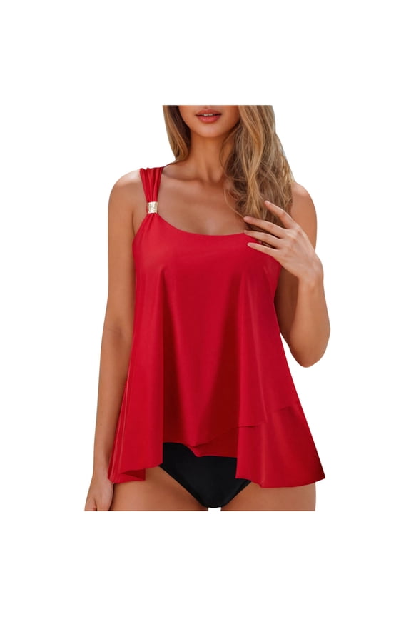 2 Piece Bathing Suits for Women 2026 Ruffle Tank Tops with Bottom Tankini Swimsuits Flowy Summer Beach Swimwear with Chest Pad Red XXL