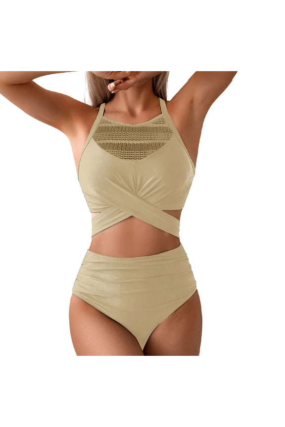 2 Piece High Waisted Bikini Set for Women Ruched Full Coverage Modest Swimsuit Summer Seaside Clothes Beach Vacation Swimwear Khaki S