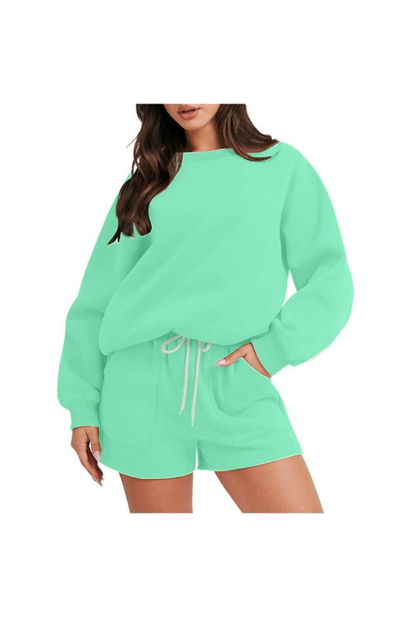 2 Piece Outfits for Women Fall Winter Sweat Shorts Set Basic Solid Color Sweatshirt Workout Matching Sets Tracksuits Green XL