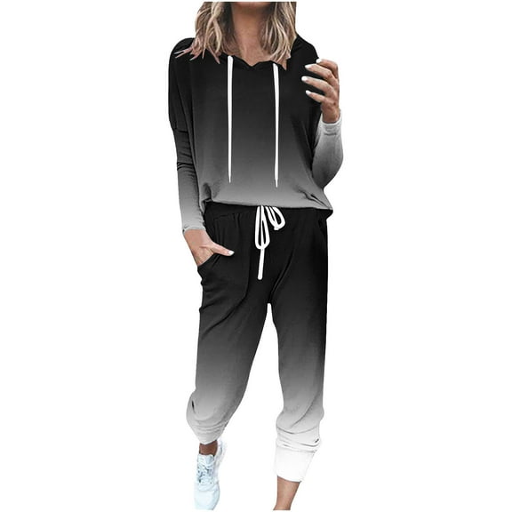 HAPIMO 2 Piece Sets for Women Gradient Color Hooded Sweatshirt Casual Pullover Top with Elastic Waist Jogger Pant Lounge Set Black XL