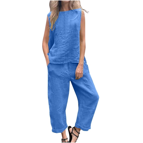 HAPIMO 2PC Cotton Tracksuit Workout Sets for Women Solid Summer Casual Comfy Sleeveless Boat Neck Tops Spring Bandage Waist Pants Sale Pajama Blue XXXXXL