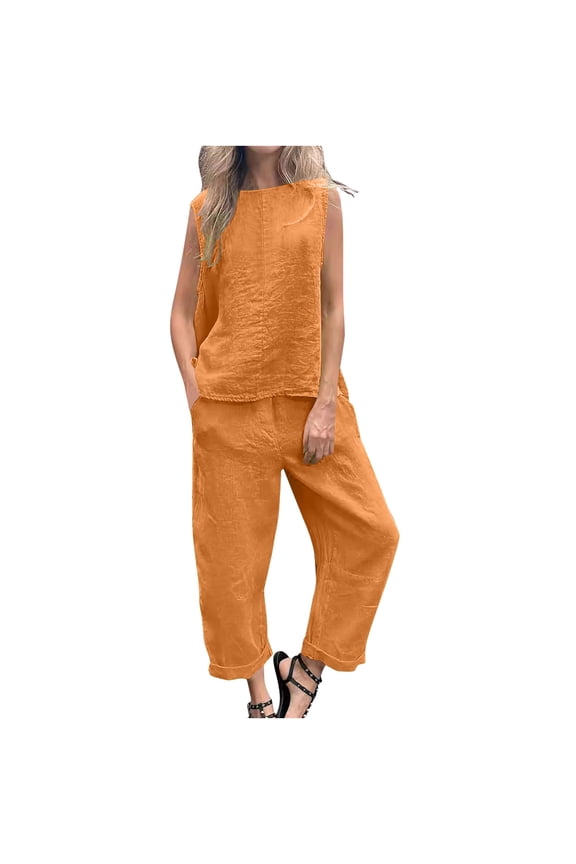 2PC Cotton Tracksuit Workout Sets for Women Solid Summer Casual Comfy Sleeveless Boat Neck Tops Spring Bandage Waist Pants Sale Pajama Orange L