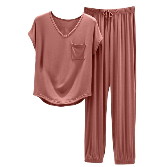 HAPIMO 2PC Tracksuit Workout Sets for Women Wide Leg Pants Pajama Spring Solid Summer Casual Comfy Short Sleeve Round Neck Knitted Crop Tops Pink XL