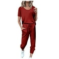 thumbnail image 1 of HAPIMO 2PC Tracksuit Workout Sets for Women Sale Pajama Short Sleeve Scoop Neck Tops Drawstring Waist Pants Casual Comfy Solid Spring Summer Wine L, 1 of 5