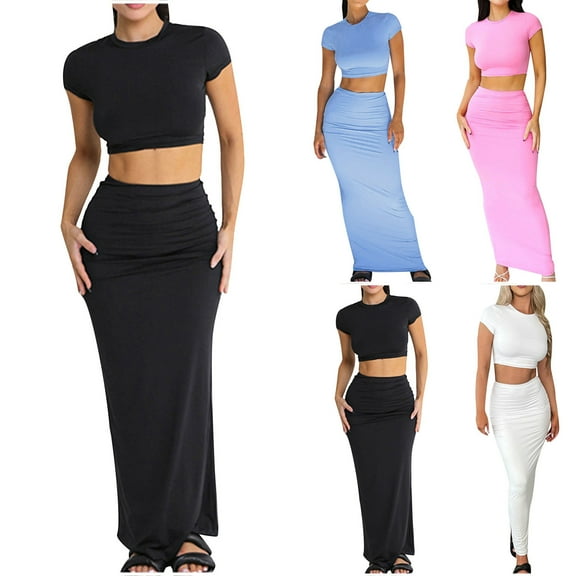 HAPIMO 2PC Tracksuit Workout Sets for Women Sale Pajama Solid Summer Short Sleeve Round Neck Crop Tops Bodycon Maxi Dress Casual Comfy Spring Blue S