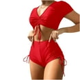 thumbnail image 1 of HAPIMO 2Pc Bikini Swimsuit Short Sleeve Bathing Suit Women's Summer V Neck Solid Beachwear Ruched Camisole with Boyshorts Swimwear Tropical Hawaii Hot Spring Beach Dress Red, 1 of 5