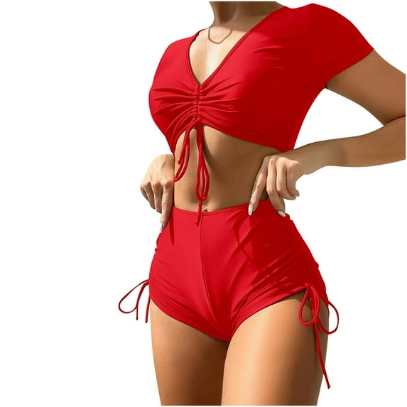 HAPIMO 2Pc Bikini Swimsuit Short Sleeve Bathing Suit Women's Summer V Neck Solid Beachwear Ruched Camisole with Boyshorts Swimwear Tropical Hawaii Hot Spring Beach Dress Red